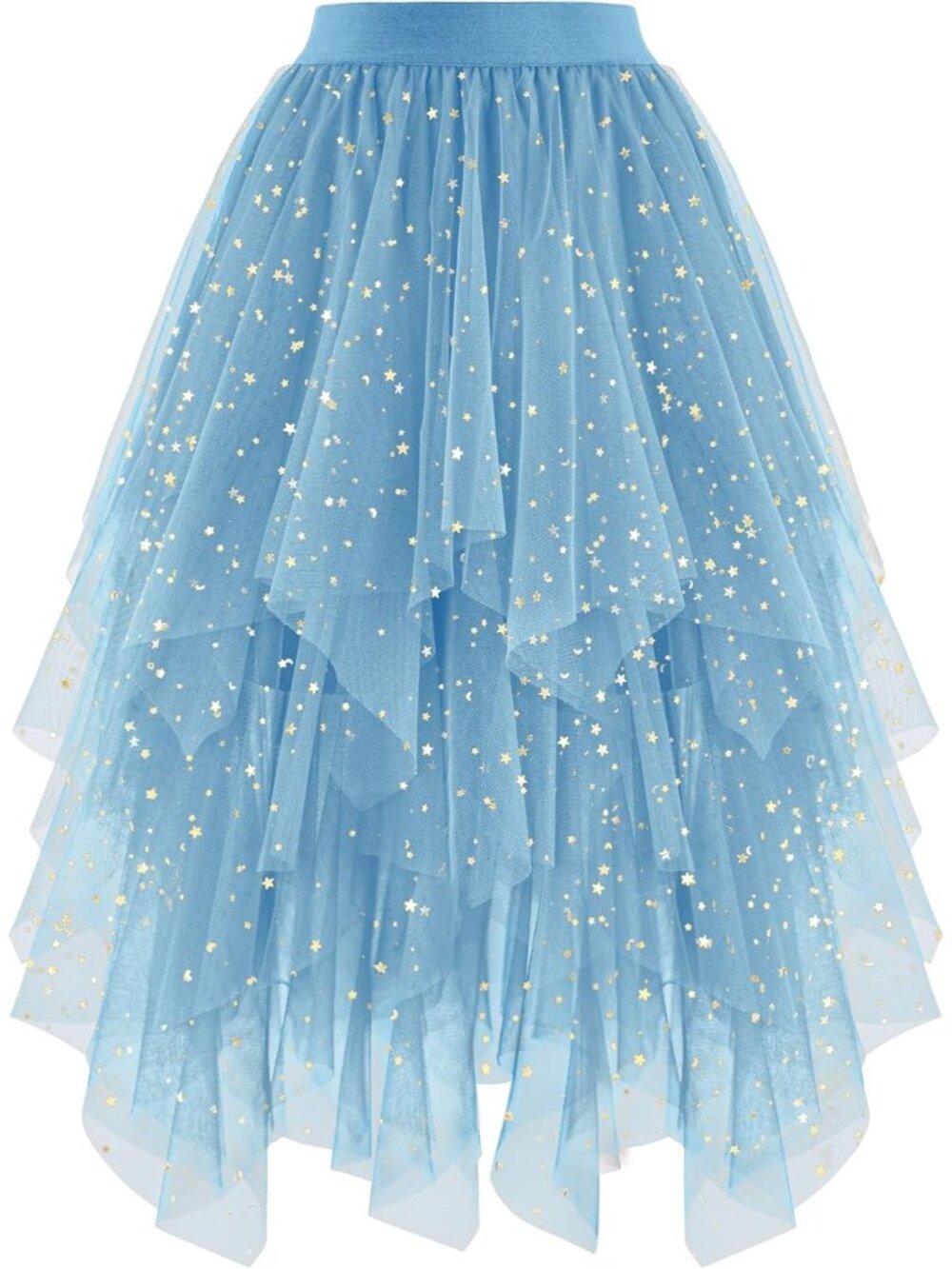 Women's Grey Blue Sequin High Low Layered Asymmetrical Puffy Fairy Midi Tulle Sk